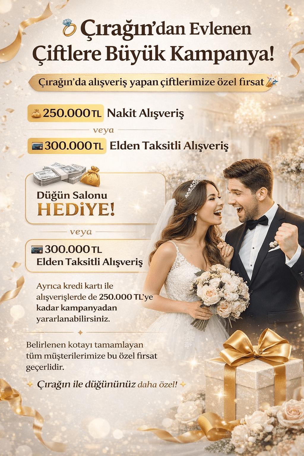 Çırağın’dan Evlenen Çiftlere Özel Kampanya: 250.000 TL Alışverişe Düğün Salonu Hediye!